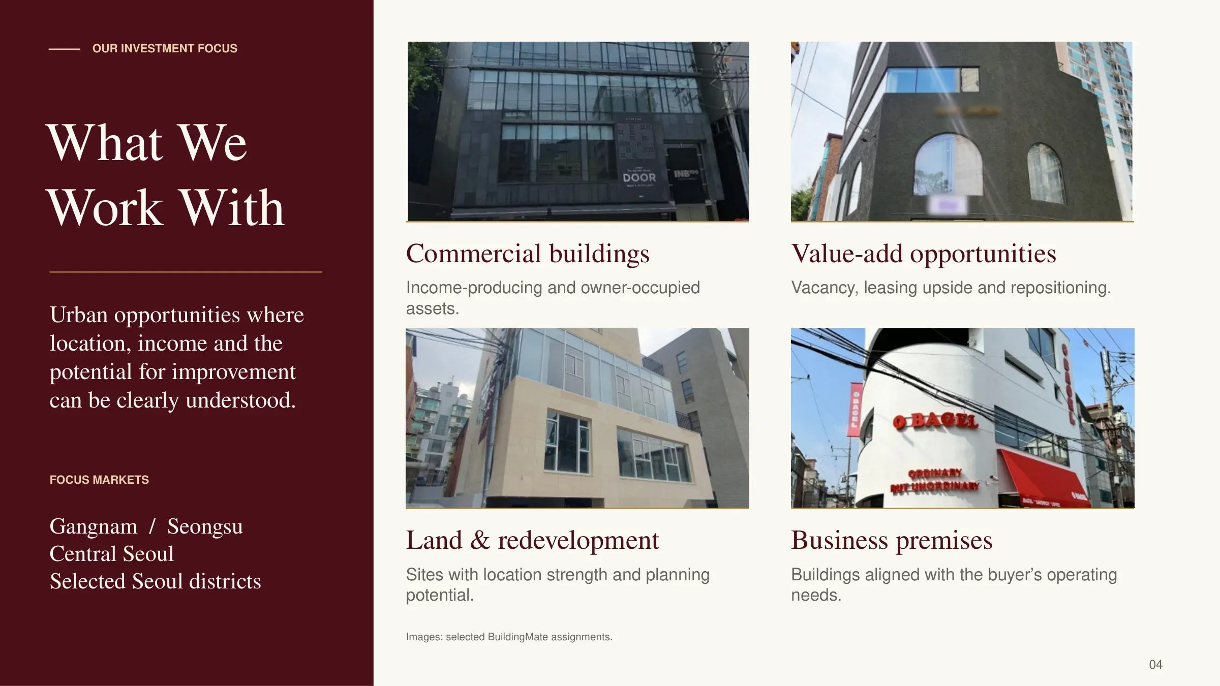 Building Mate profile, page 4 — what we work with: commercial buildings, value-add opportunities, land and redevelopment, and business premises