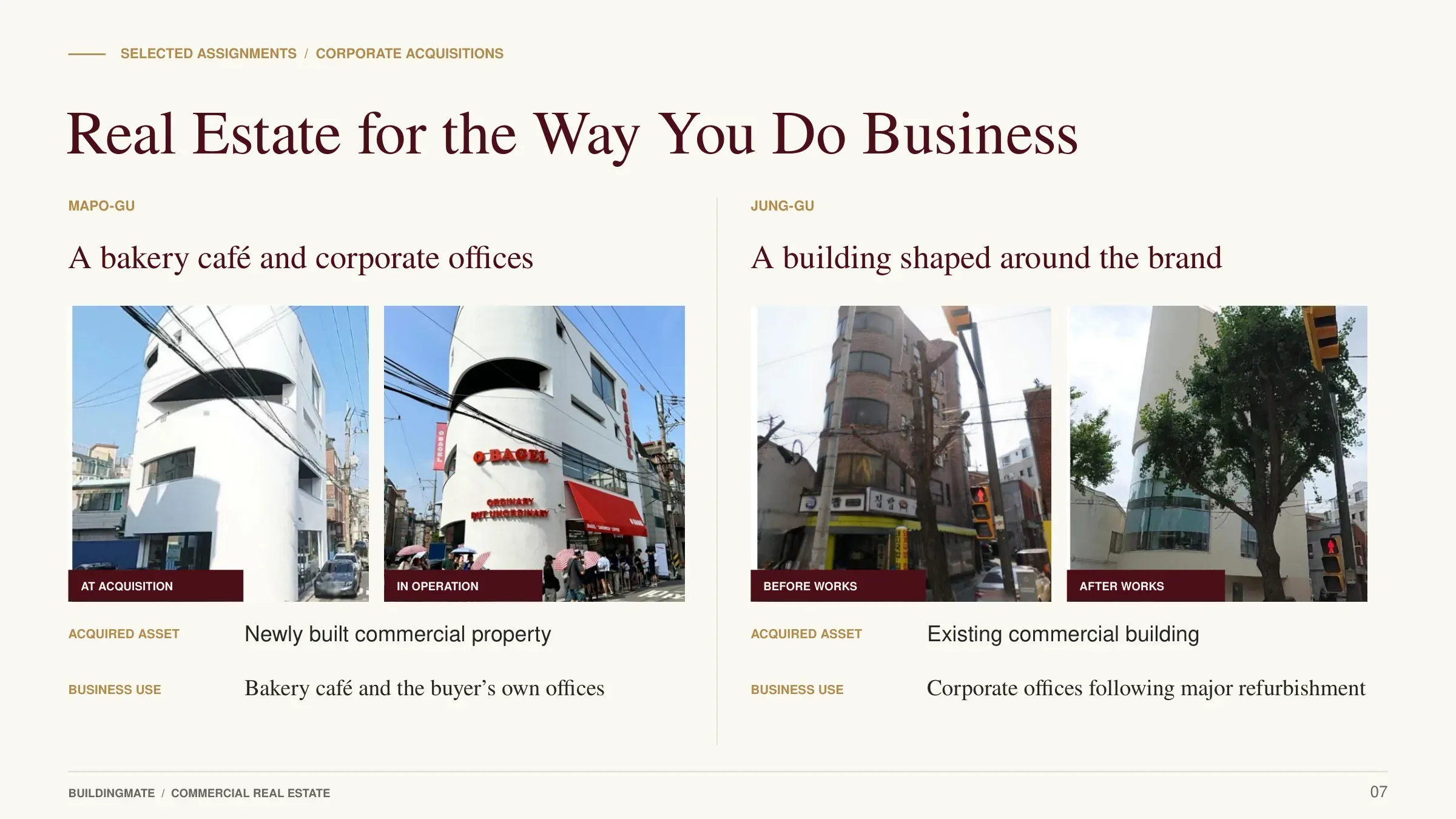 Building Mate profile, page 7 — corporate acquisitions: a bakery cafe with corporate offices, and a building shaped around the brand