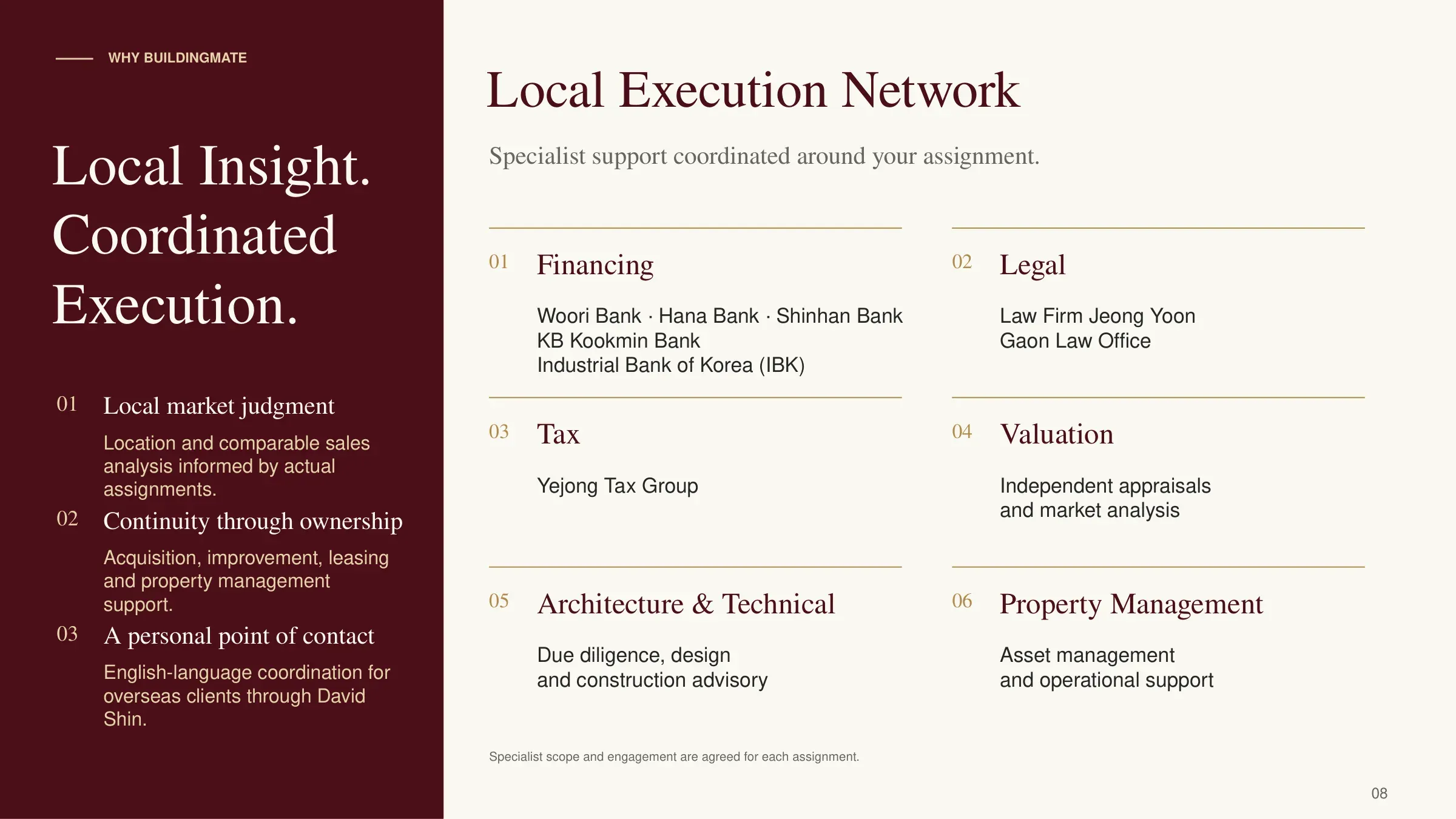 Building Mate profile, page 8 — local execution network: financing, legal, tax, valuation, architecture and technical, property management